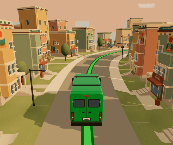 Miniature San Francisco street with the green Fleety van on its dispatch route